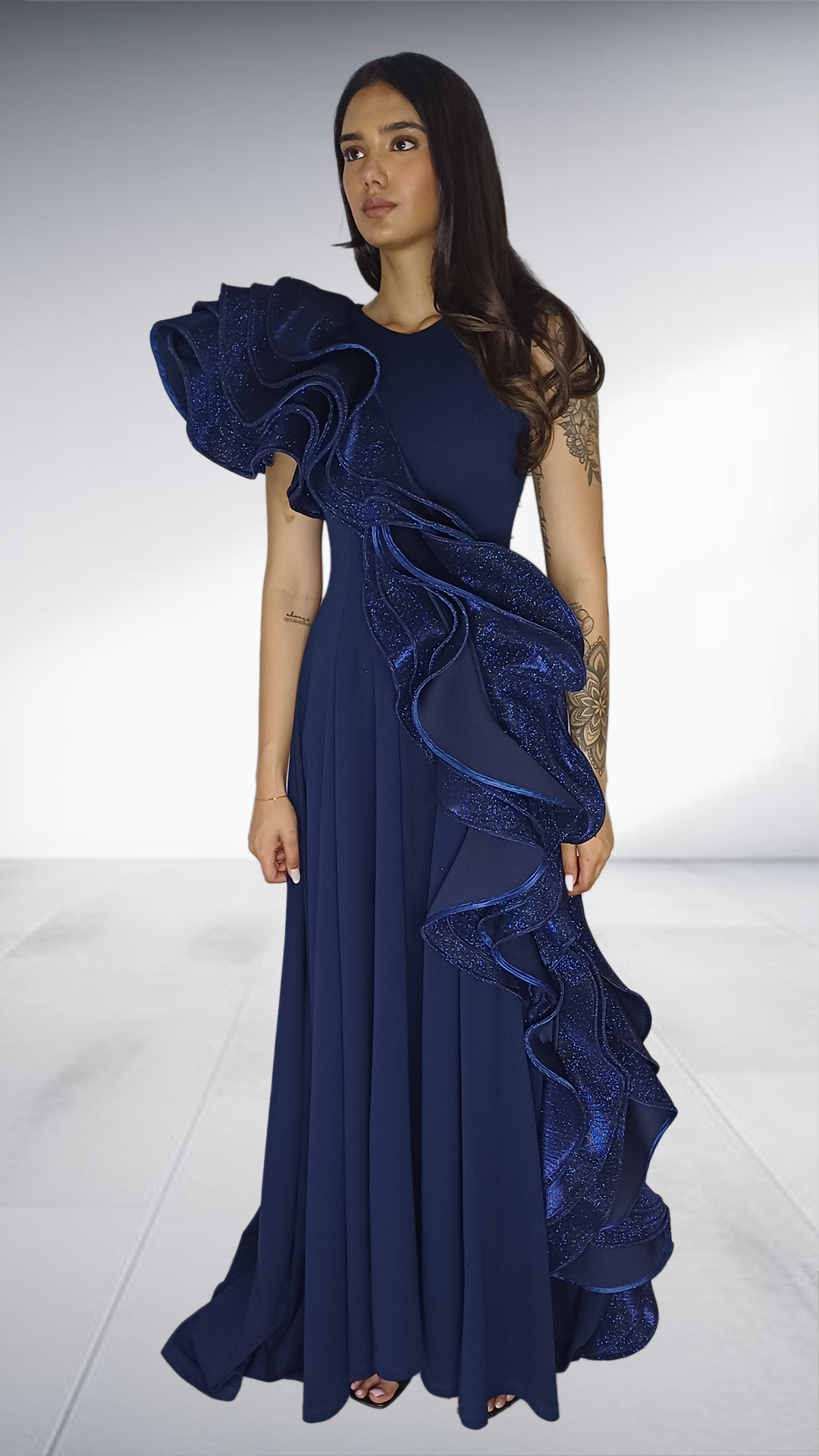 Navy Blue Ruffled Evening Gown