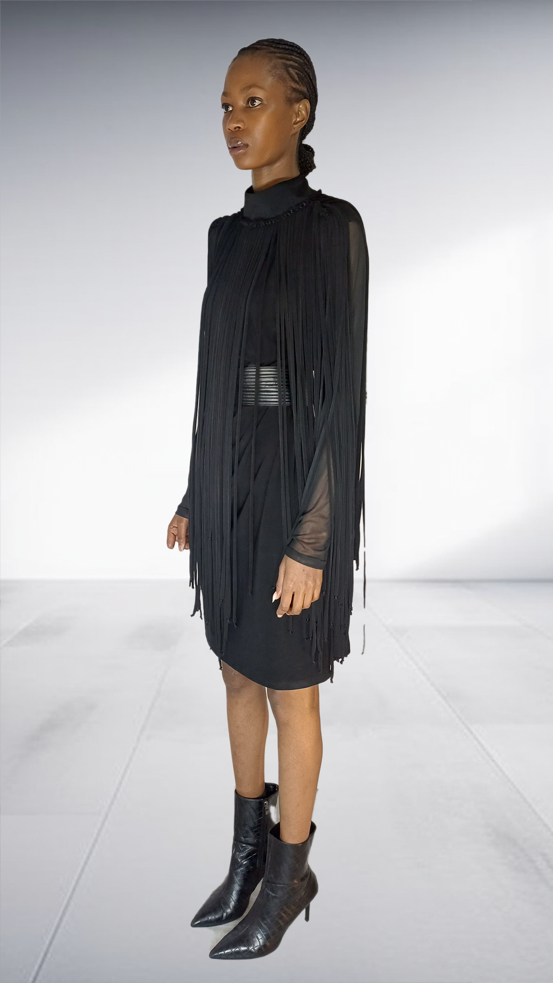 David Tlale Black Fringe Tassel Mock Neck Dress