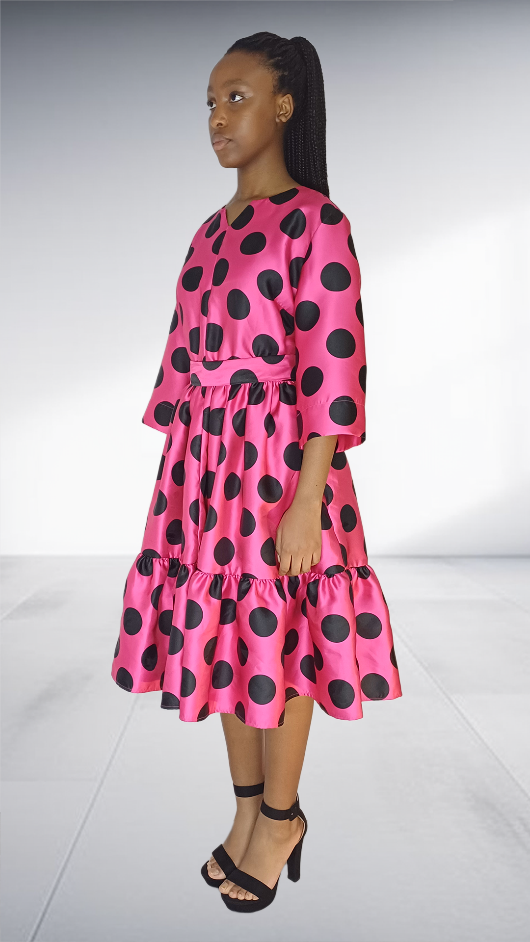 Ezokhetho Hot Pink Black Polka Dot Tiered Midi Dress