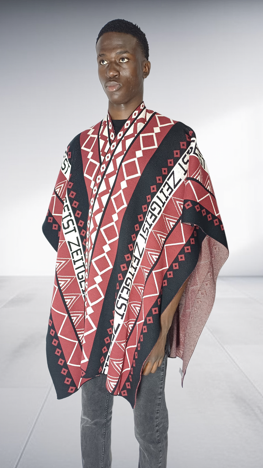 Zeitgeist Branded Geometric Poncho - Burgundy, Black & Off-White