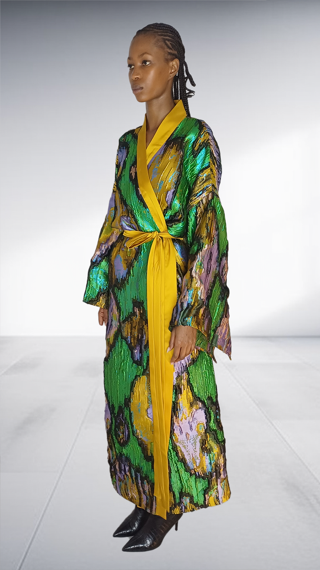 Green & Yellow Abstract Print Kimono Robe with Belt