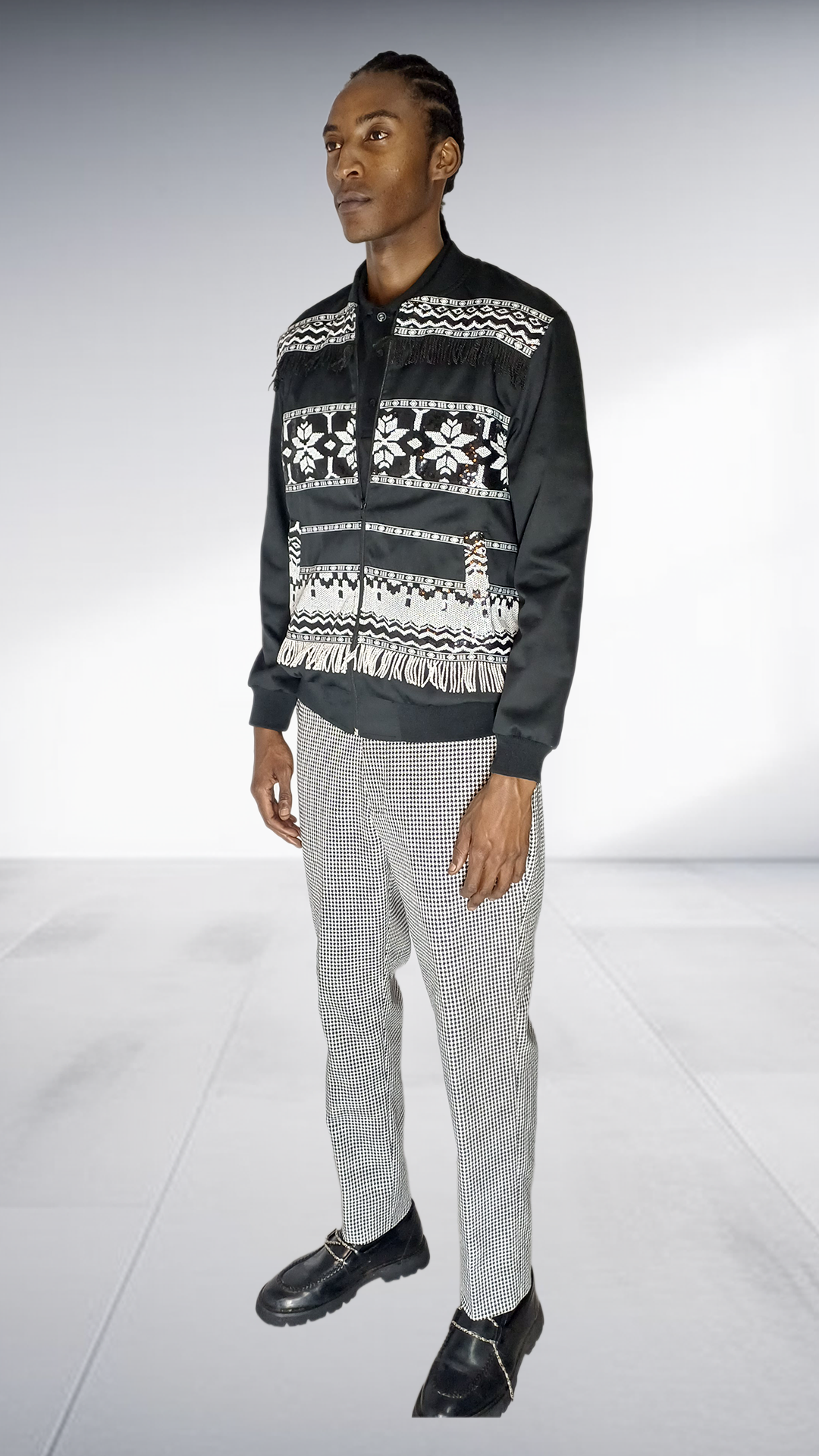 Ephymol Geometric Fringe Bomber Jacket & Houndstooth Trousers Set