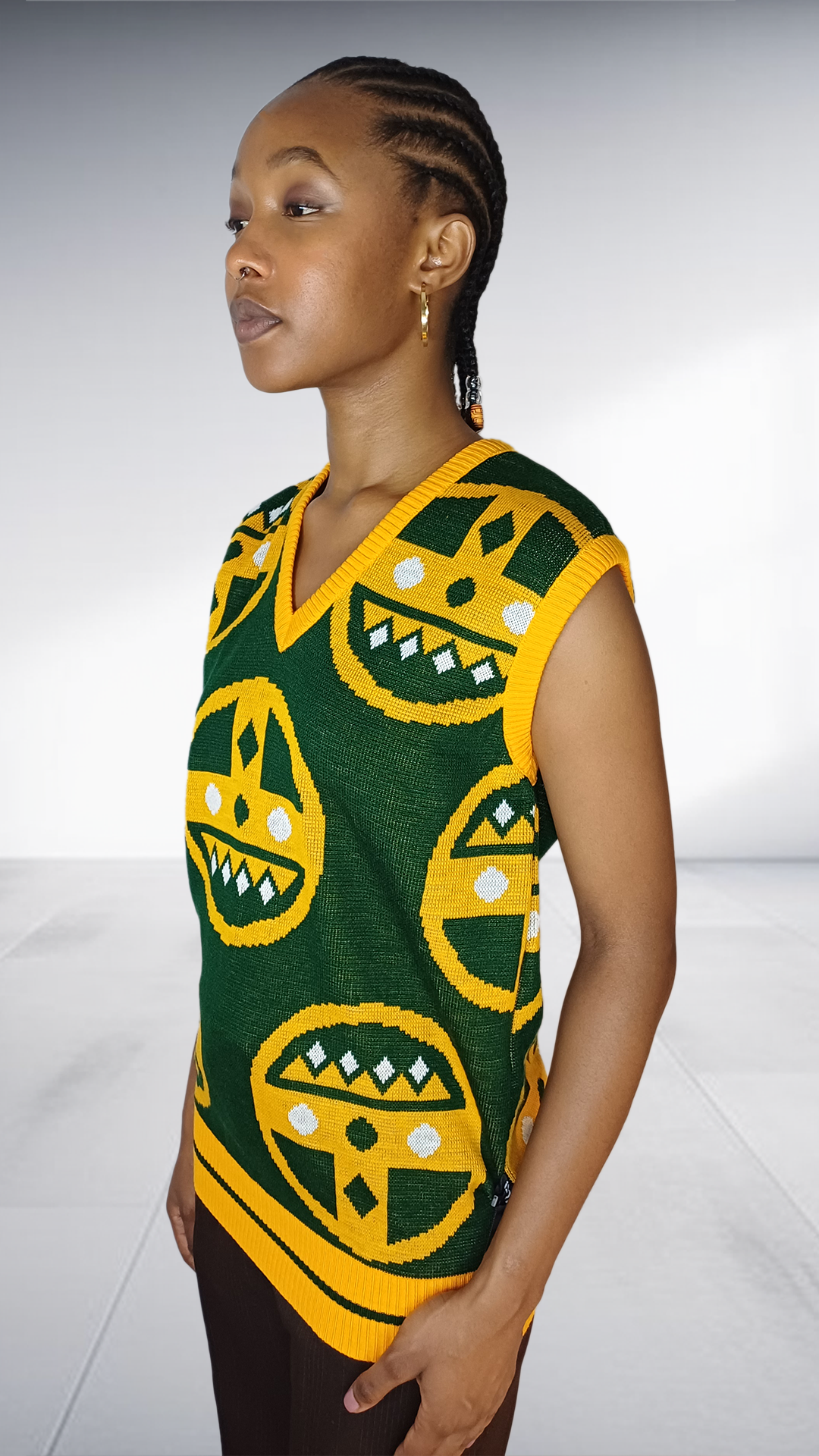 Isiqhaza Green & Gold African Motif Knit Vest