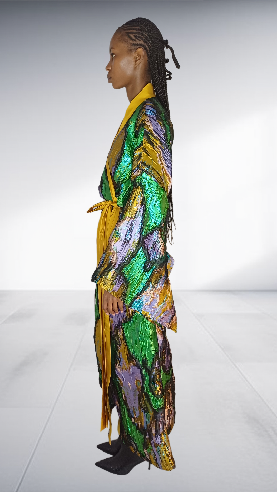 Green & Yellow Abstract Print Kimono Robe with Belt