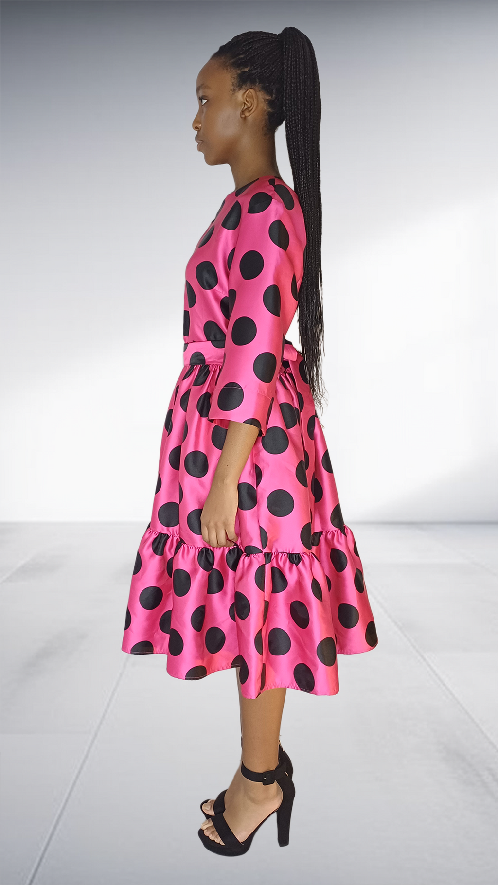 Ezokhetho Hot Pink Black Polka Dot Tiered Midi Dress