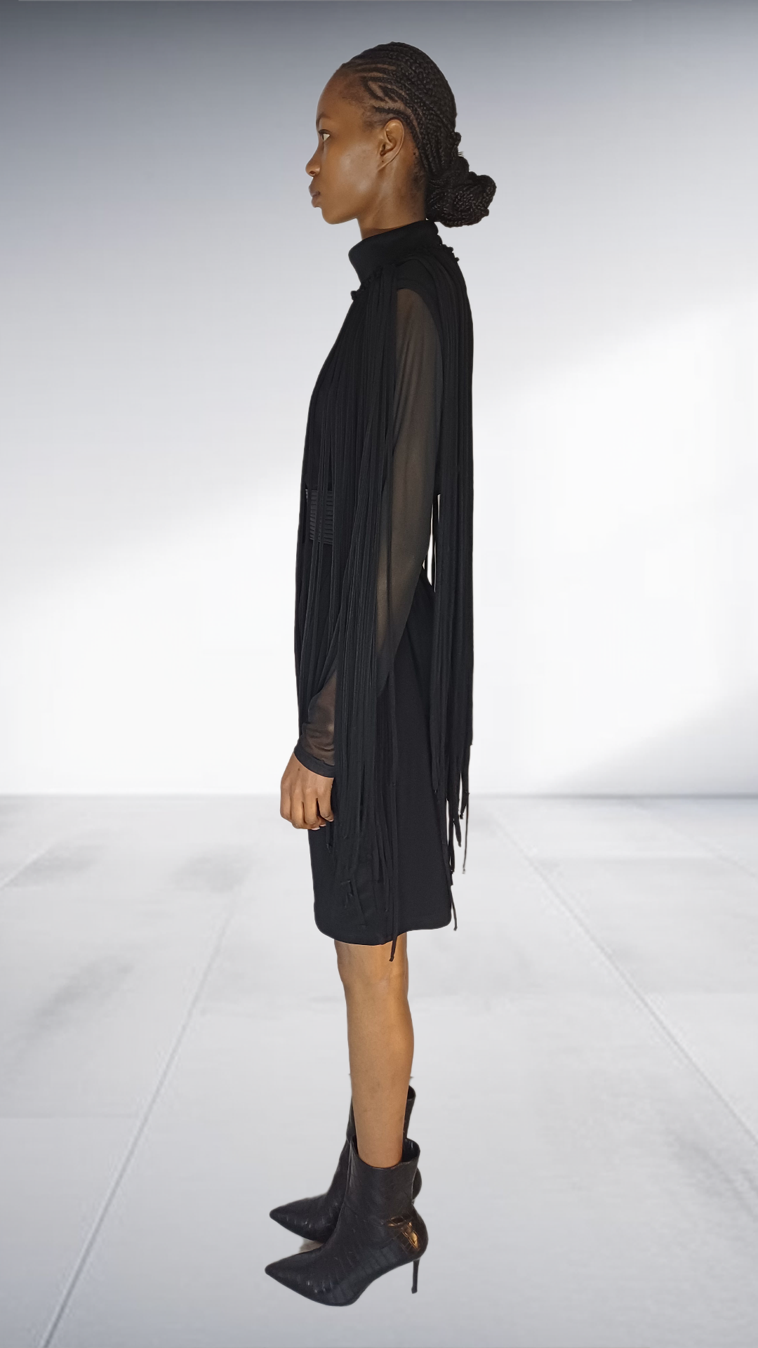 David Tlale Black Fringe Tassel Mock Neck Dress