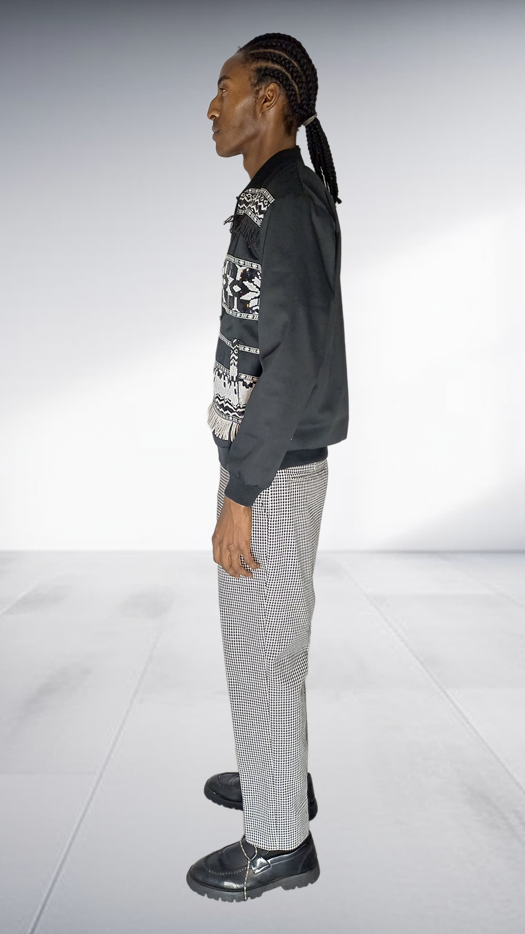 Ephymol Geometric Fringe Bomber Jacket & Houndstooth Trousers Set