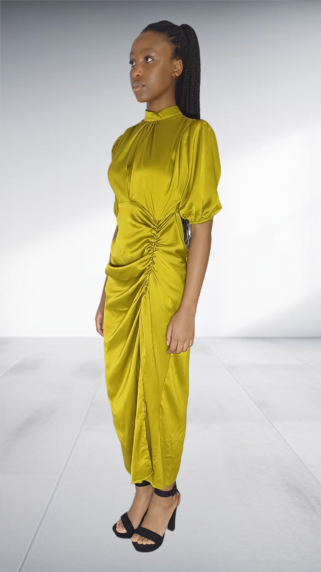Olive Green Satin Ruched Midi Dress