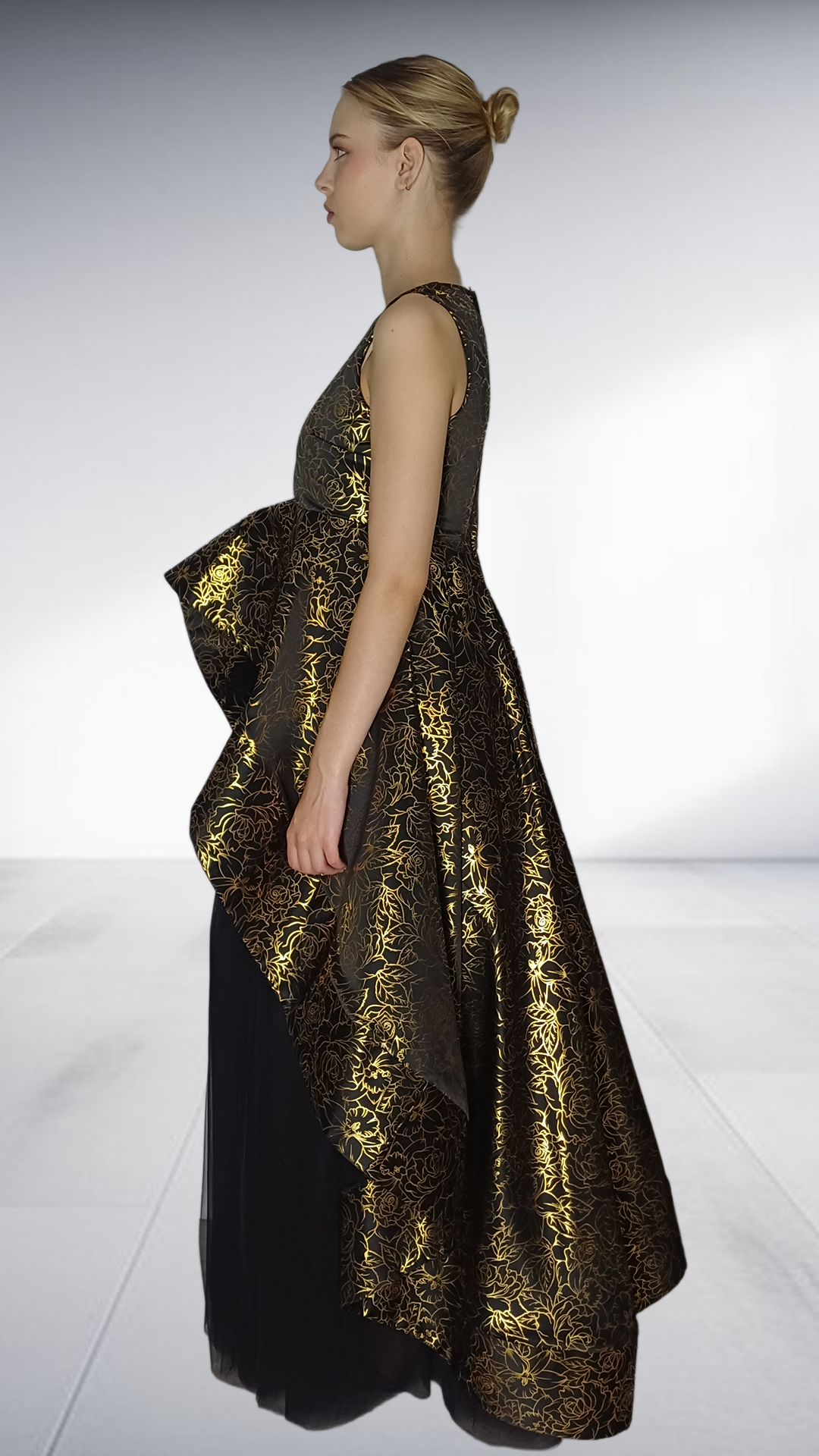 Kayla Stam Gold Brocade Peplum Top & Black Tulle Skirt Set