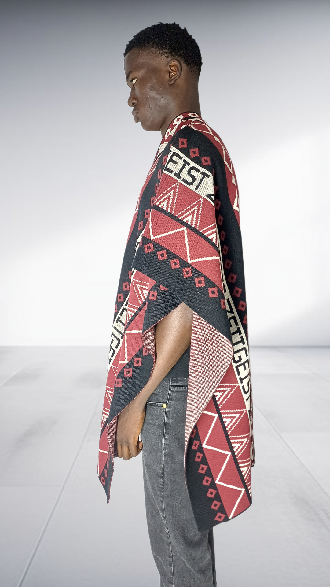 Zeitgeist Branded Geometric Poncho - Burgundy, Black & Off-White
