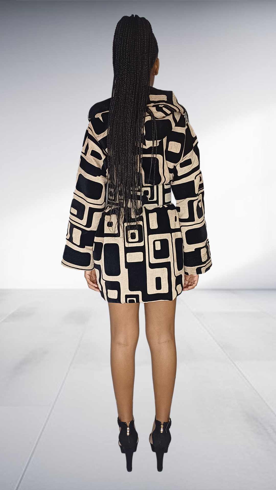 Twii Afrika Black & Beige Geometric Print Blazer Dress