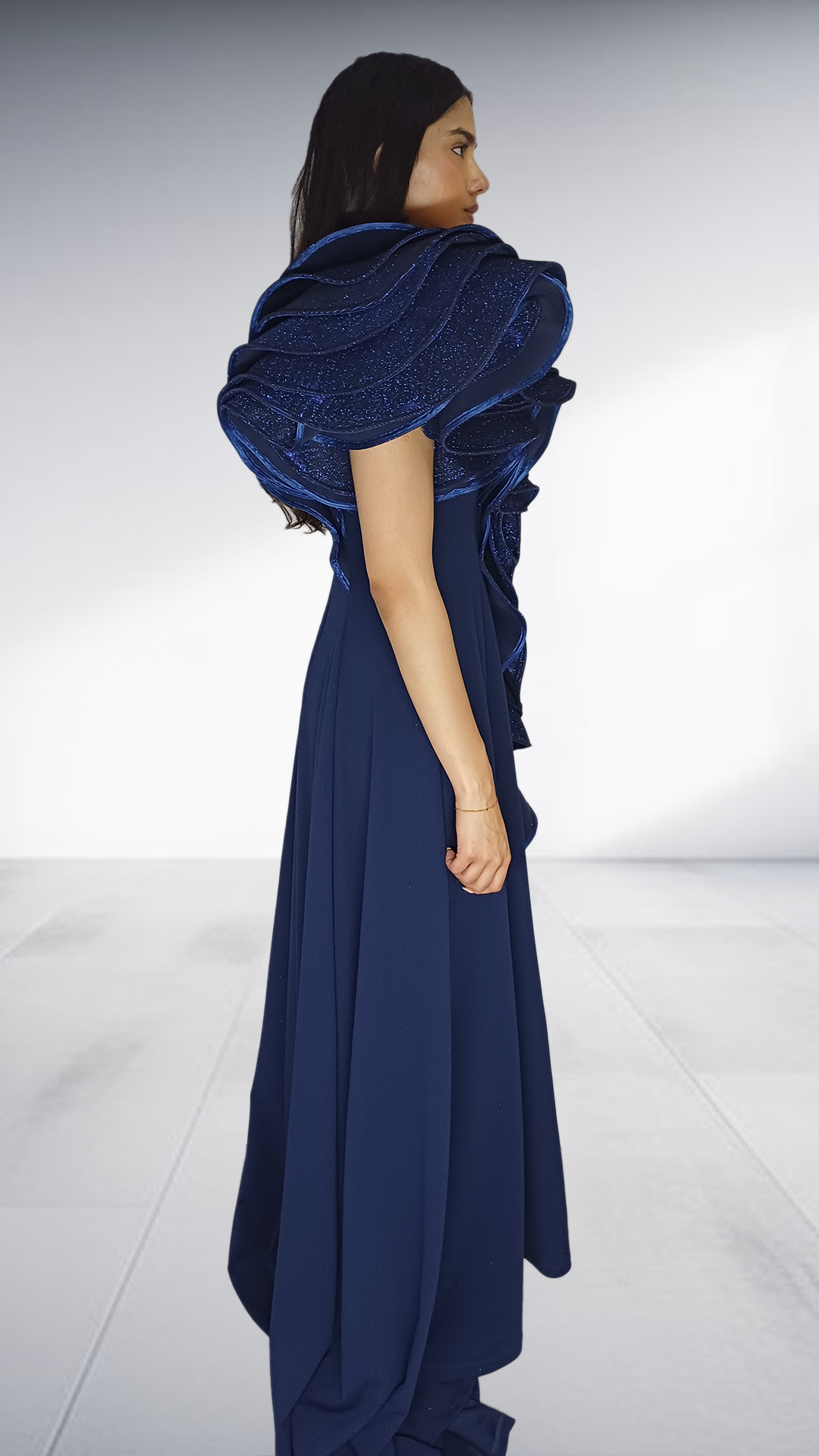 Erre Navy Blue Ruffled Evening Gown