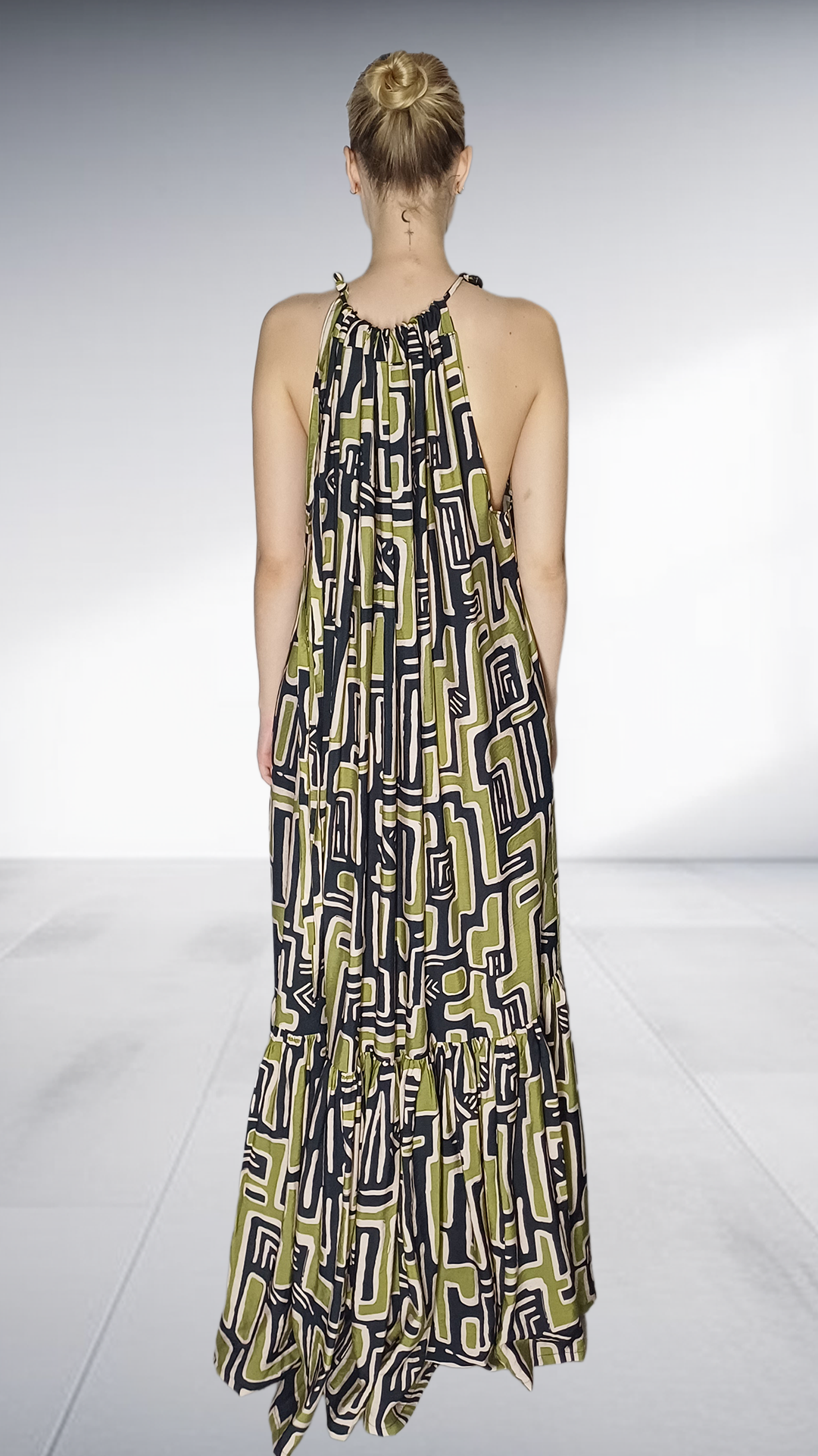 Thula Sindi Geometric Print Halter Maxi Dress - Olive & Black