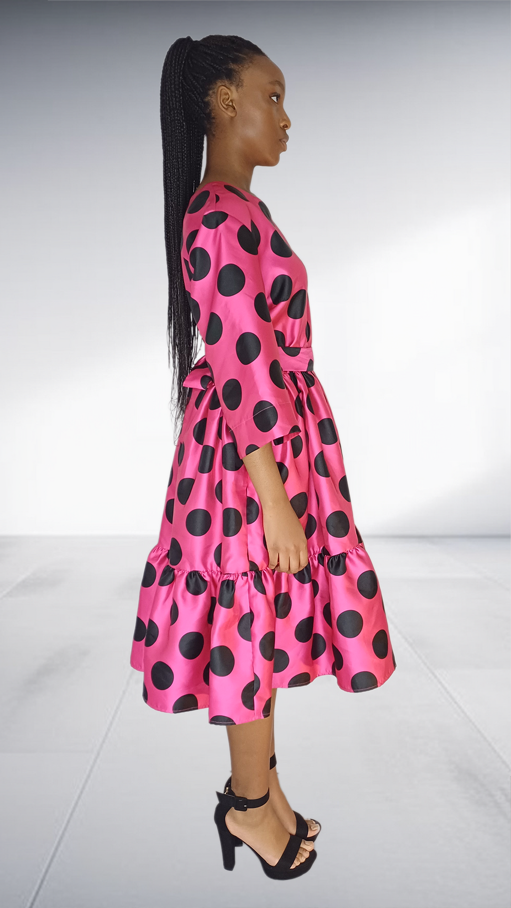 Ezokhetho Hot Pink Black Polka Dot Tiered Midi Dress