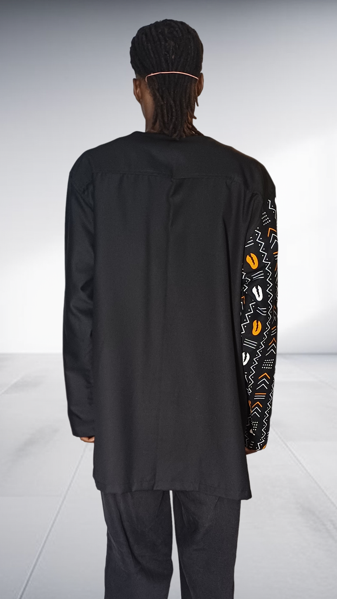 Lolo D African Print Panel Long Sleeve Shirt - Black with Yellow & White Accents