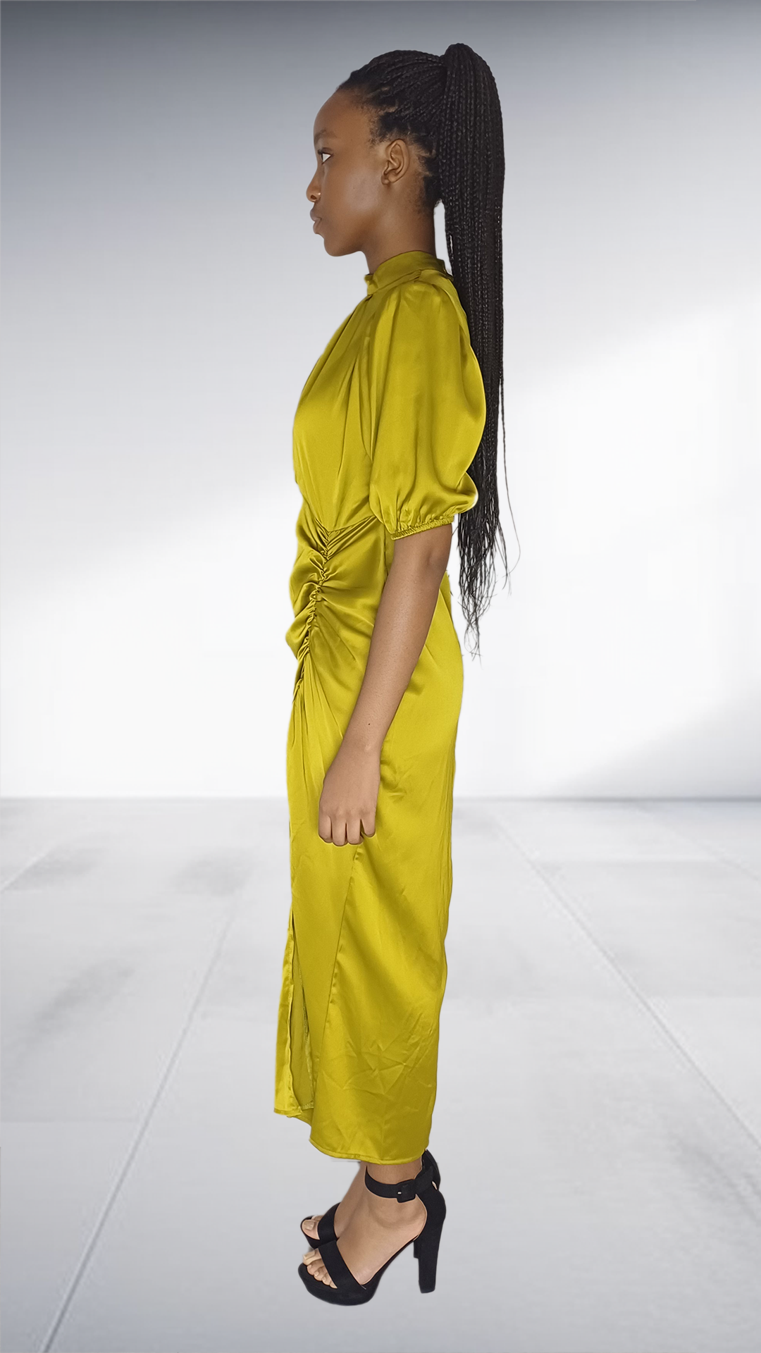 Olive Green Satin Ruched Midi Dress