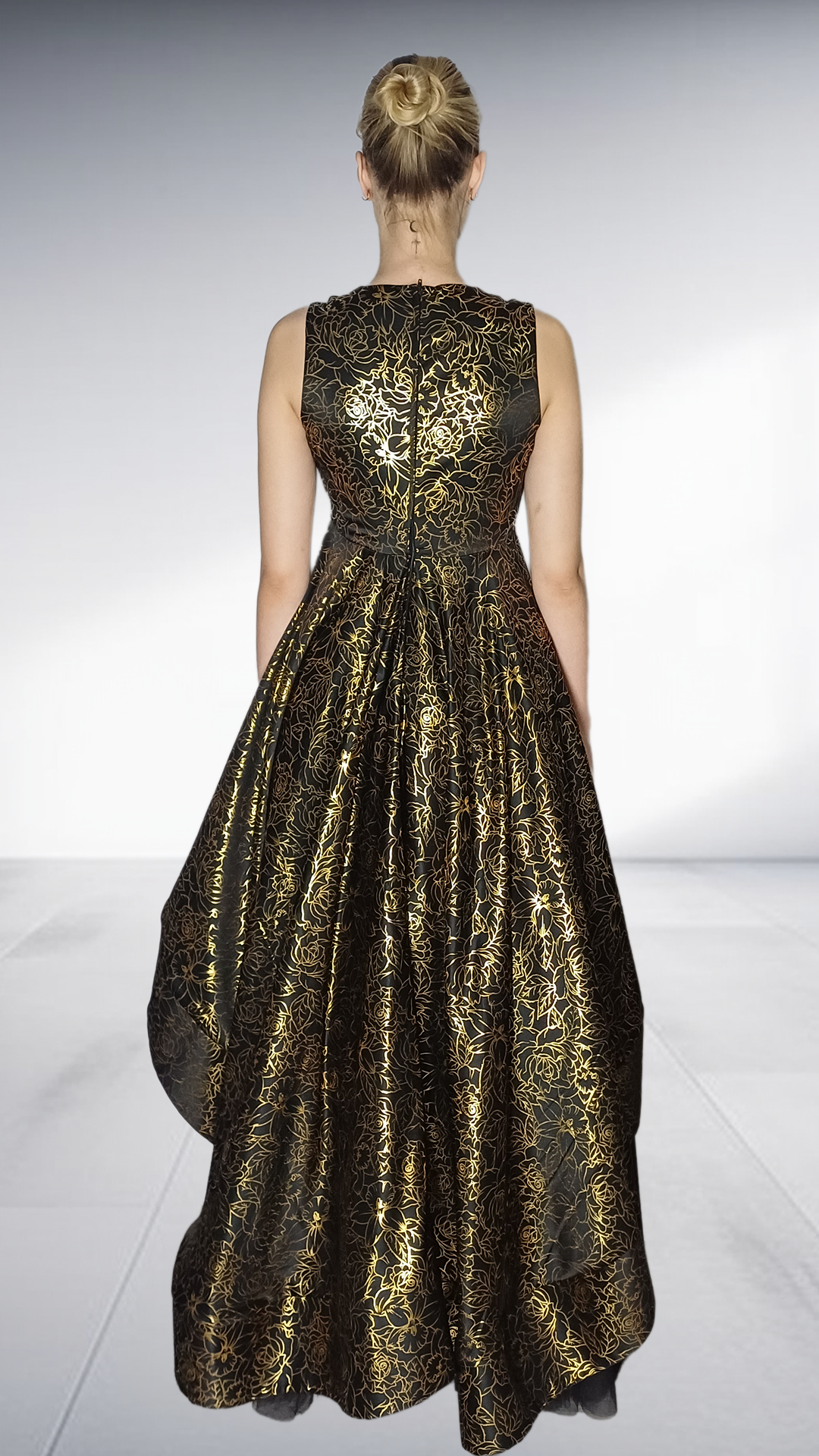 Kayla Stam Gold Brocade Peplum Top & Black Tulle Skirt Set