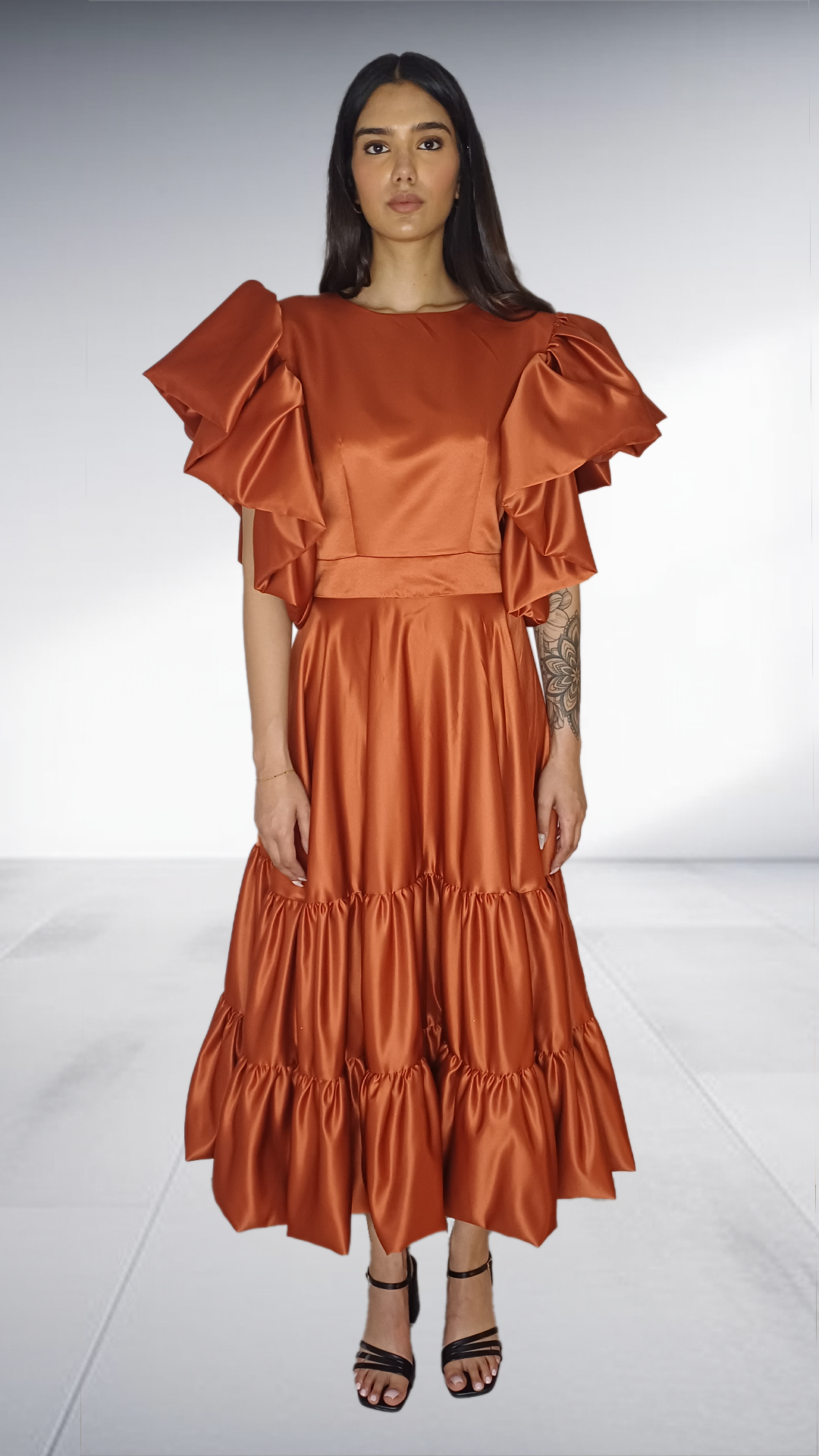 Alfalfa Rust Satin Ruffle Tiered Midi Dress