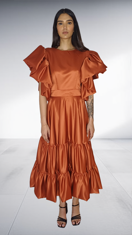 Rust Satin Ruffle Tiered Midi Dress
