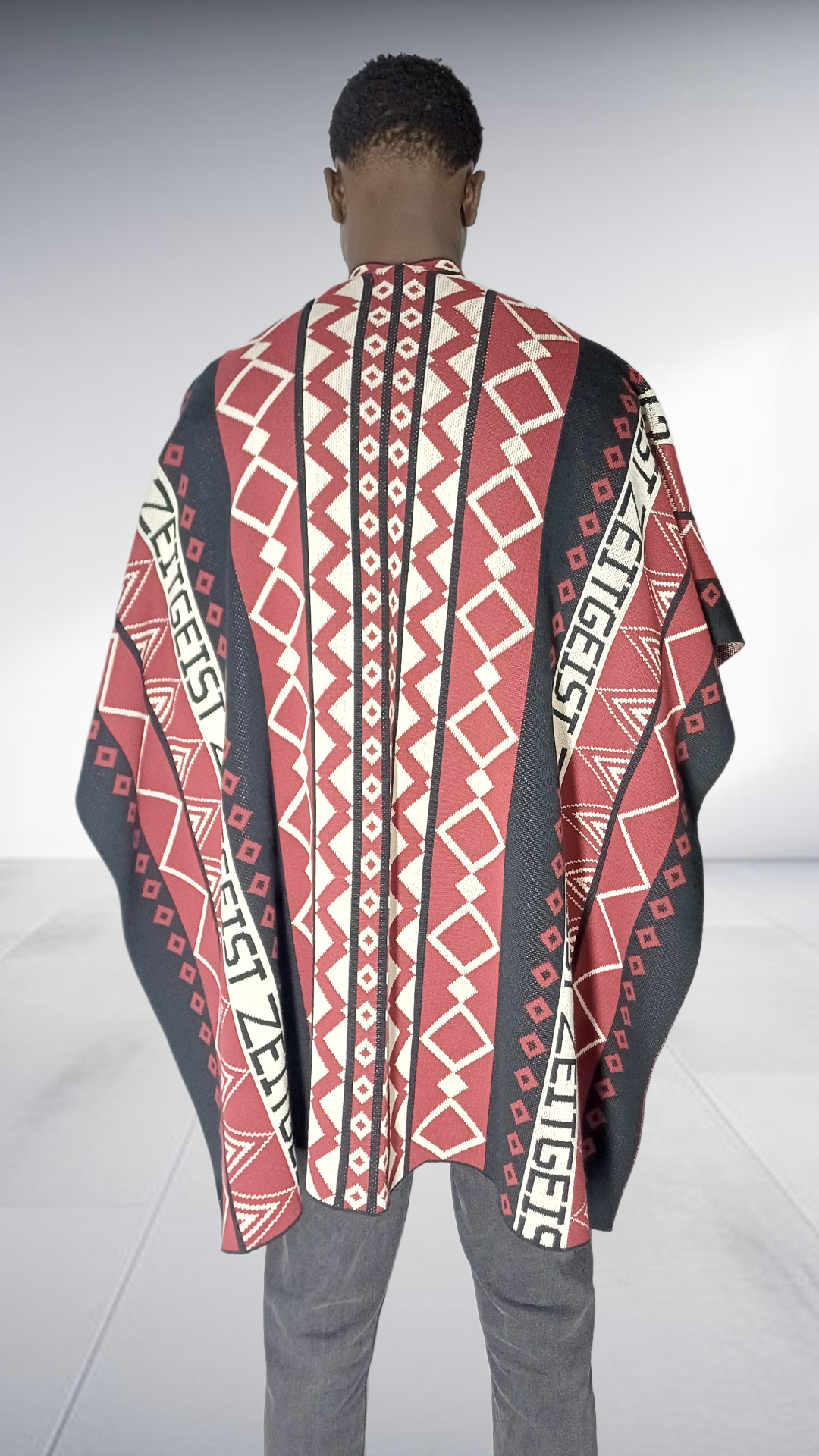 Zeitgeist Branded Geometric Poncho - Burgundy, Black & Off-White