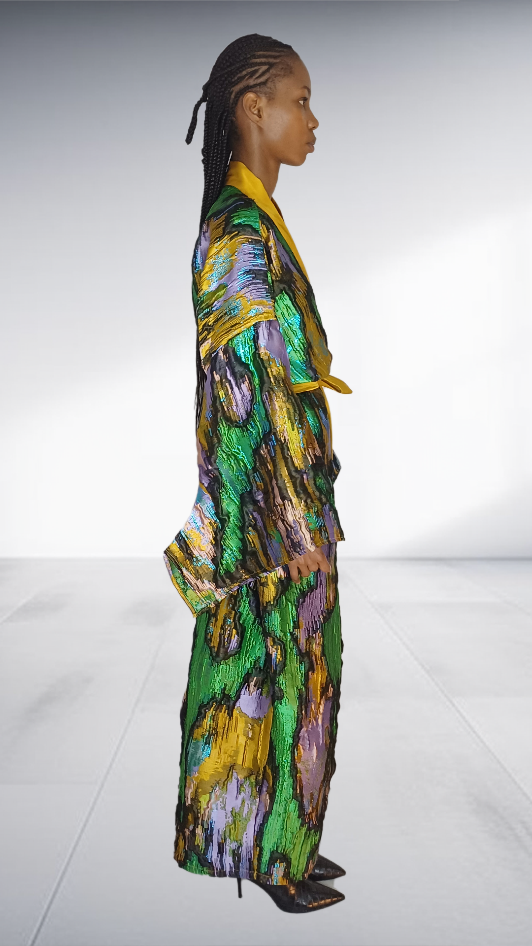 Green & Yellow Abstract Print Kimono Robe with Belt