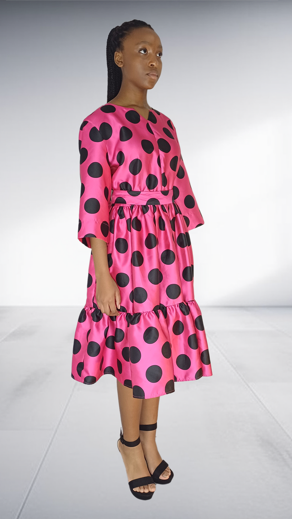 Ezokhetho Hot Pink Black Polka Dot Tiered Midi Dress