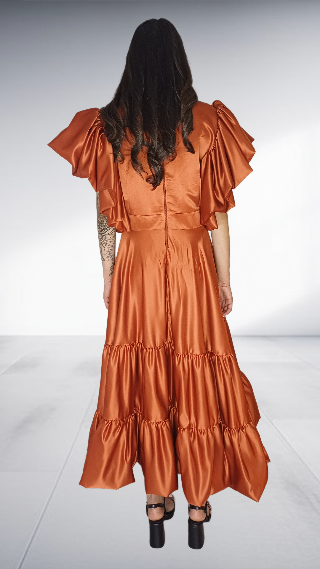 Rust Satin Ruffle Tiered Midi Dress