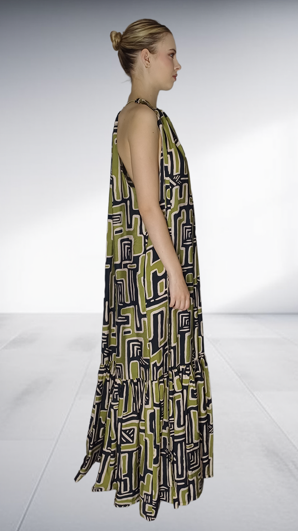 Thula Sindi Geometric Print Halter Maxi Dress - Olive & Black