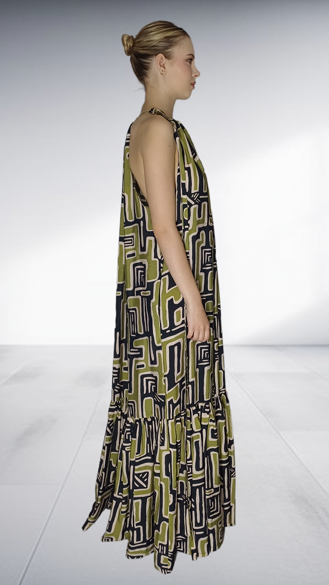 Thula Sindi Geometric Print Halter Maxi Dress - Olive & Black