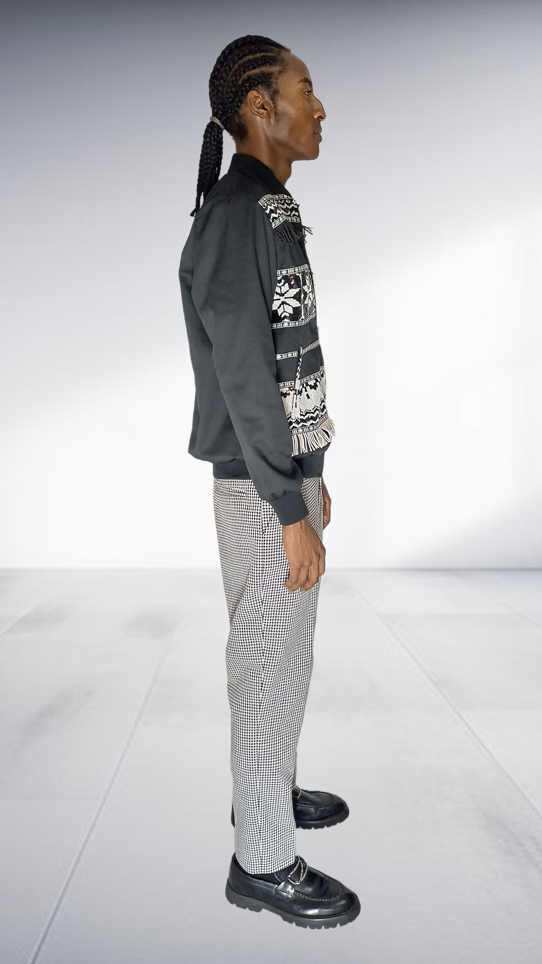Ephymol Geometric Fringe Bomber Jacket & Houndstooth Trousers Set