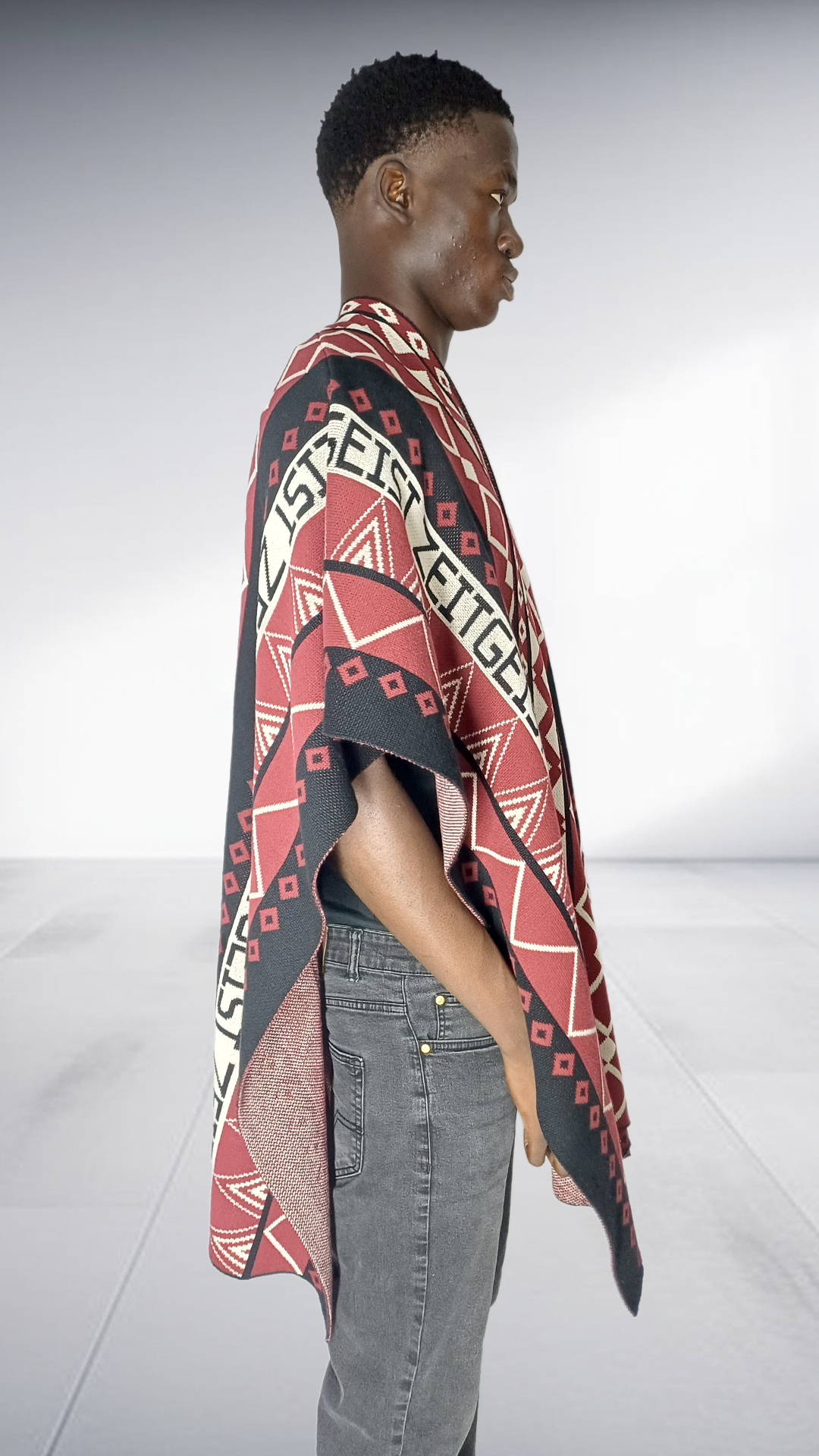 Zeitgeist Branded Geometric Poncho - Burgundy, Black & Off-White