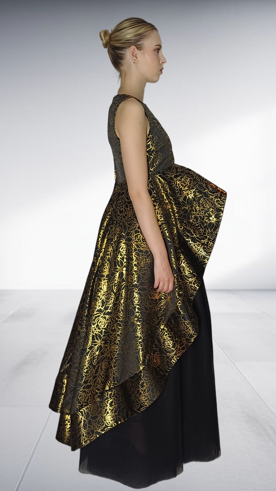 Kayla Stam Gold Brocade Peplum Top & Black Tulle Skirt Set