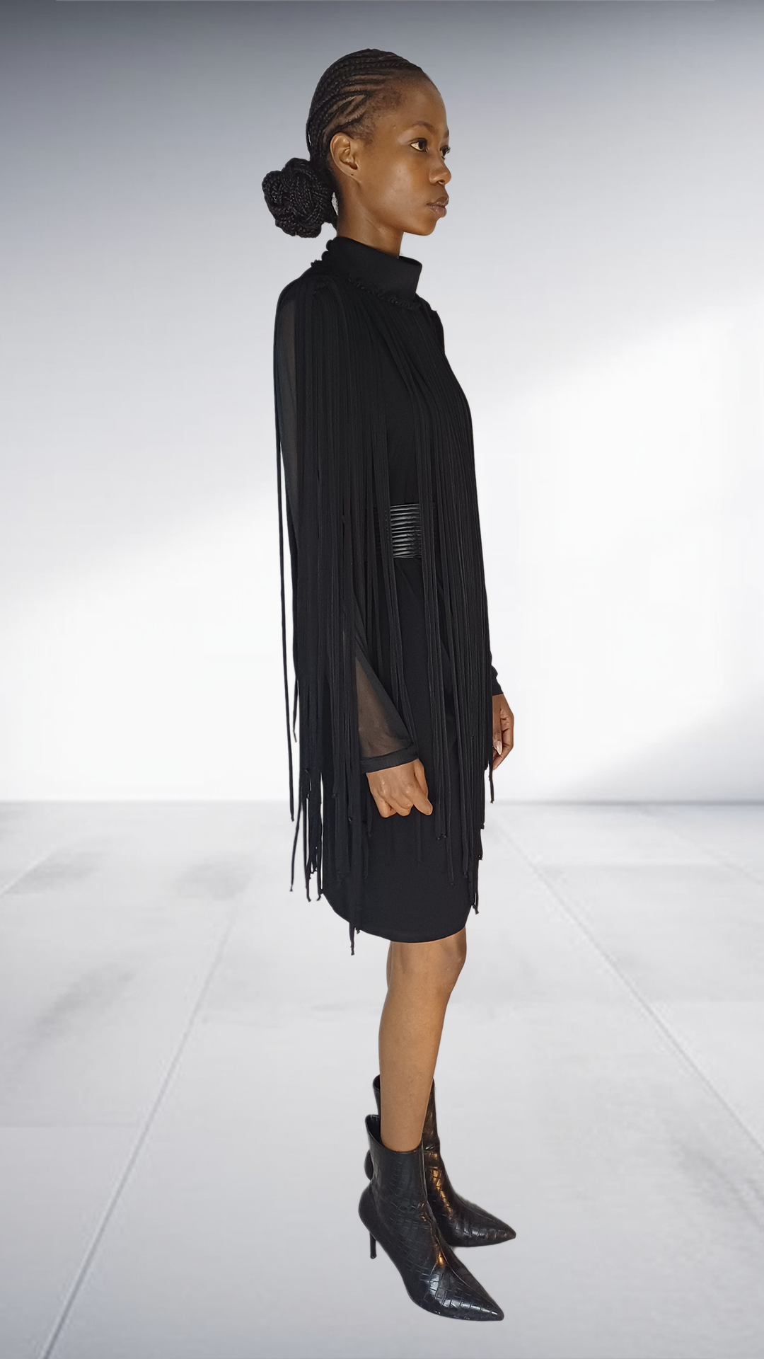 David Tlale Black Fringe Tassel Mock Neck Dress