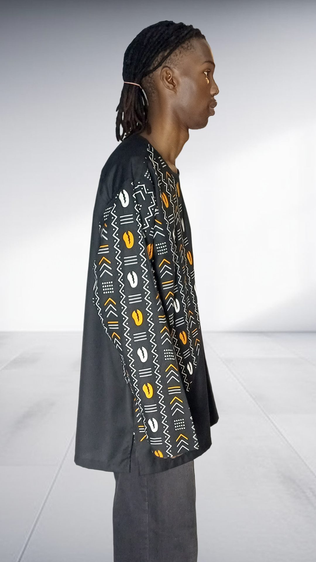 Lolo D African Print Panel Long Sleeve Shirt - Black with Yellow & White Accents