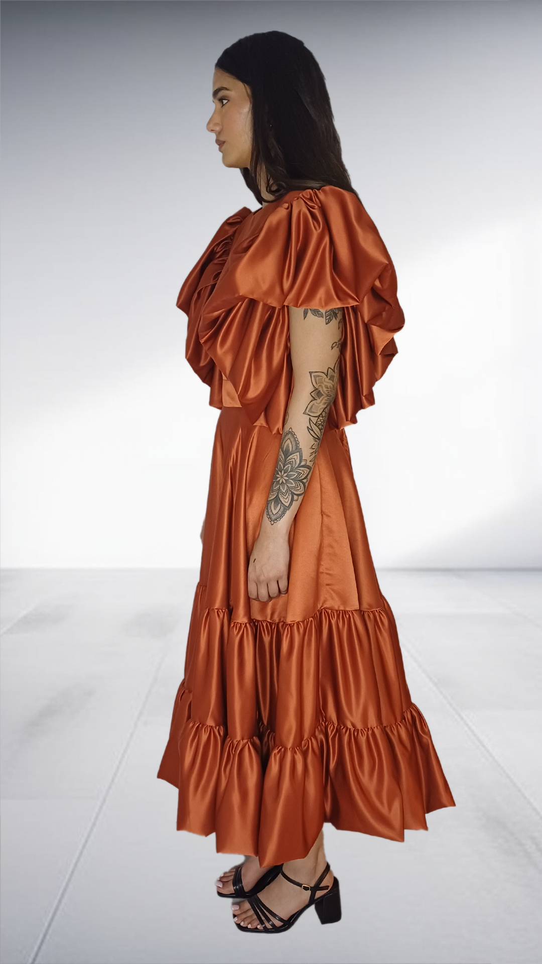 Rust Satin Ruffle Tiered Midi Dress