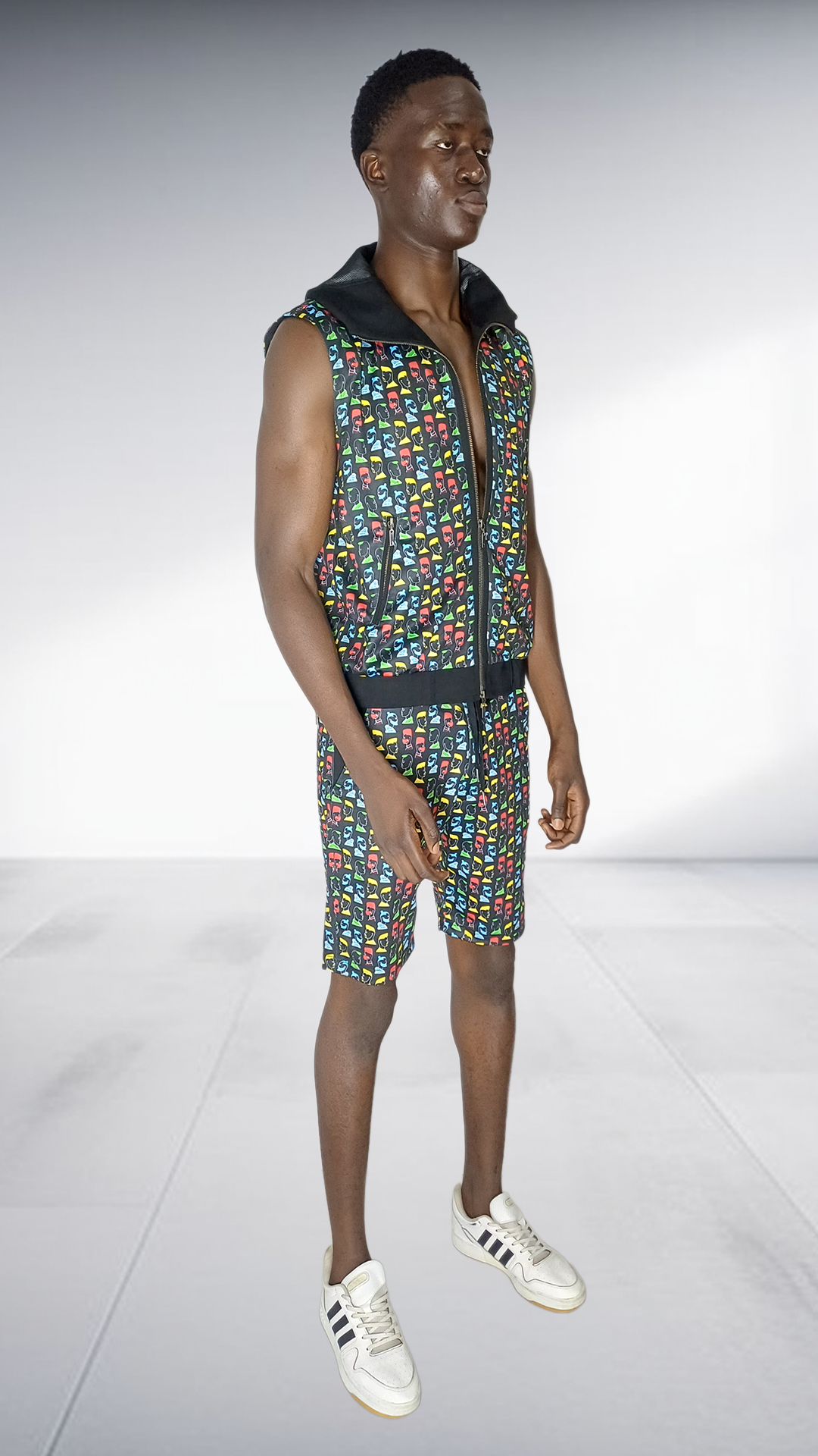Naked Ape Multicolor Print Vest & Shorts Set - Black