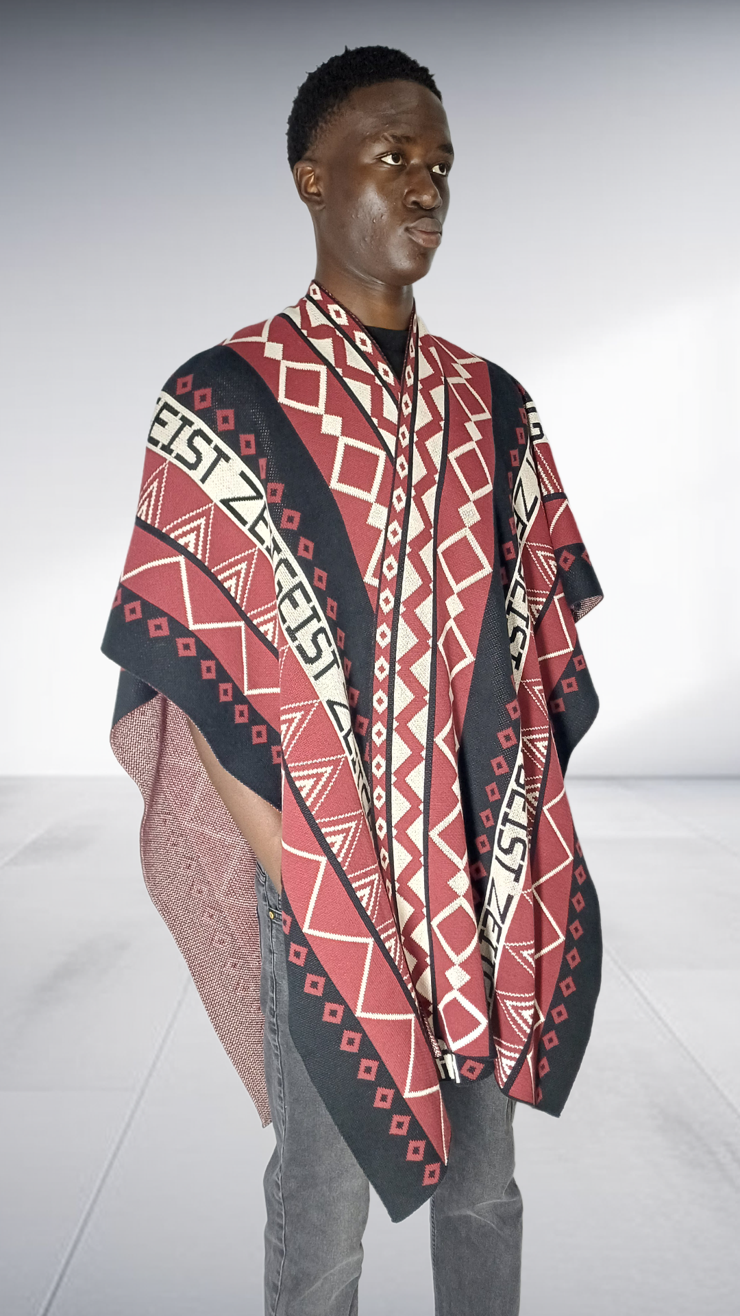 Zeitgeist Branded Geometric Poncho - Burgundy, Black & Off-White