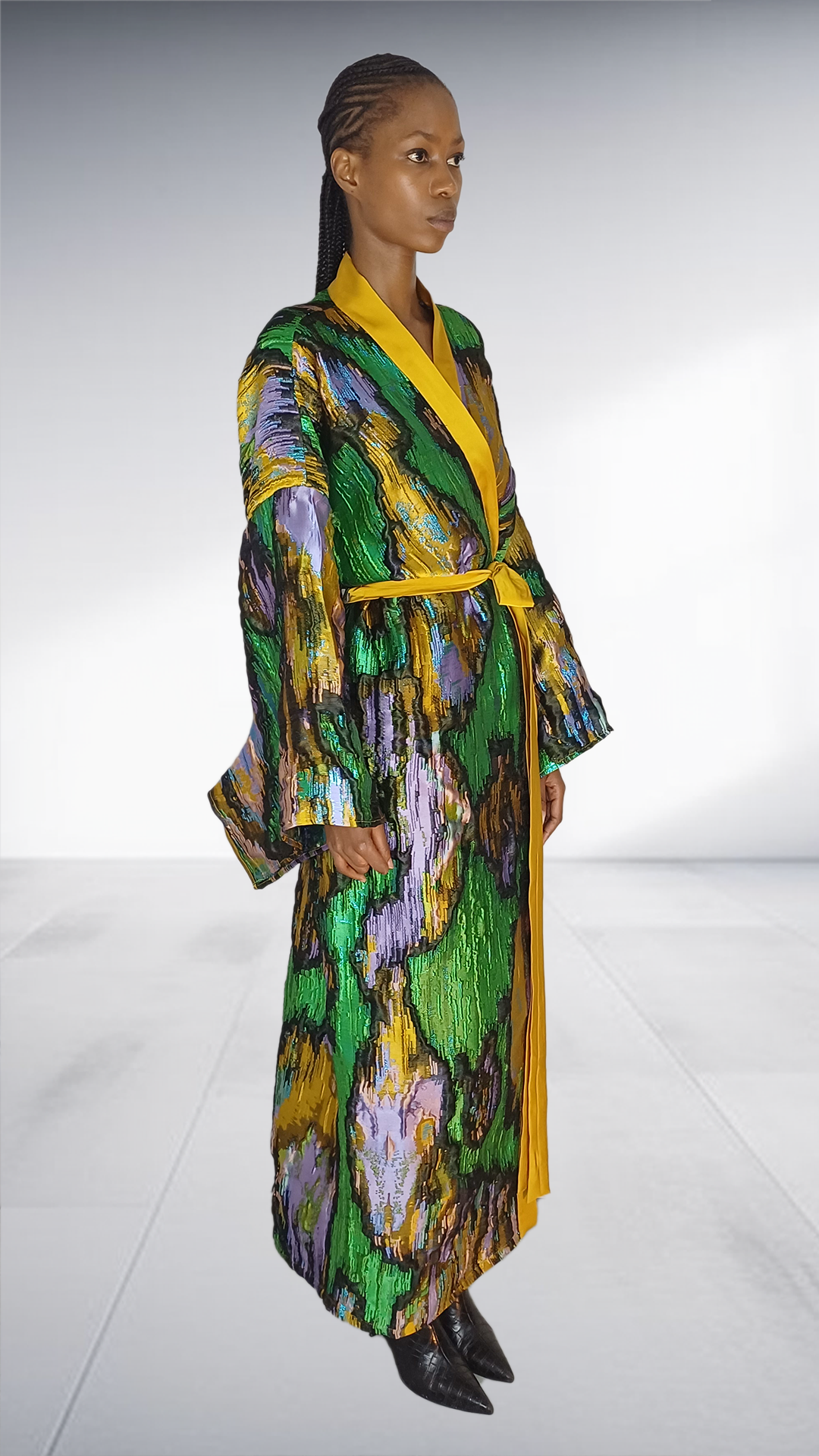 Green & Yellow Abstract Print Kimono Robe with Belt