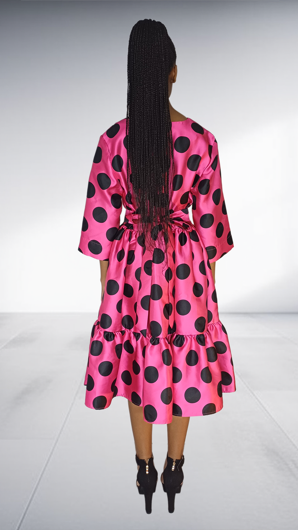 Ezokhetho Hot Pink Black Polka Dot Tiered Midi Dress