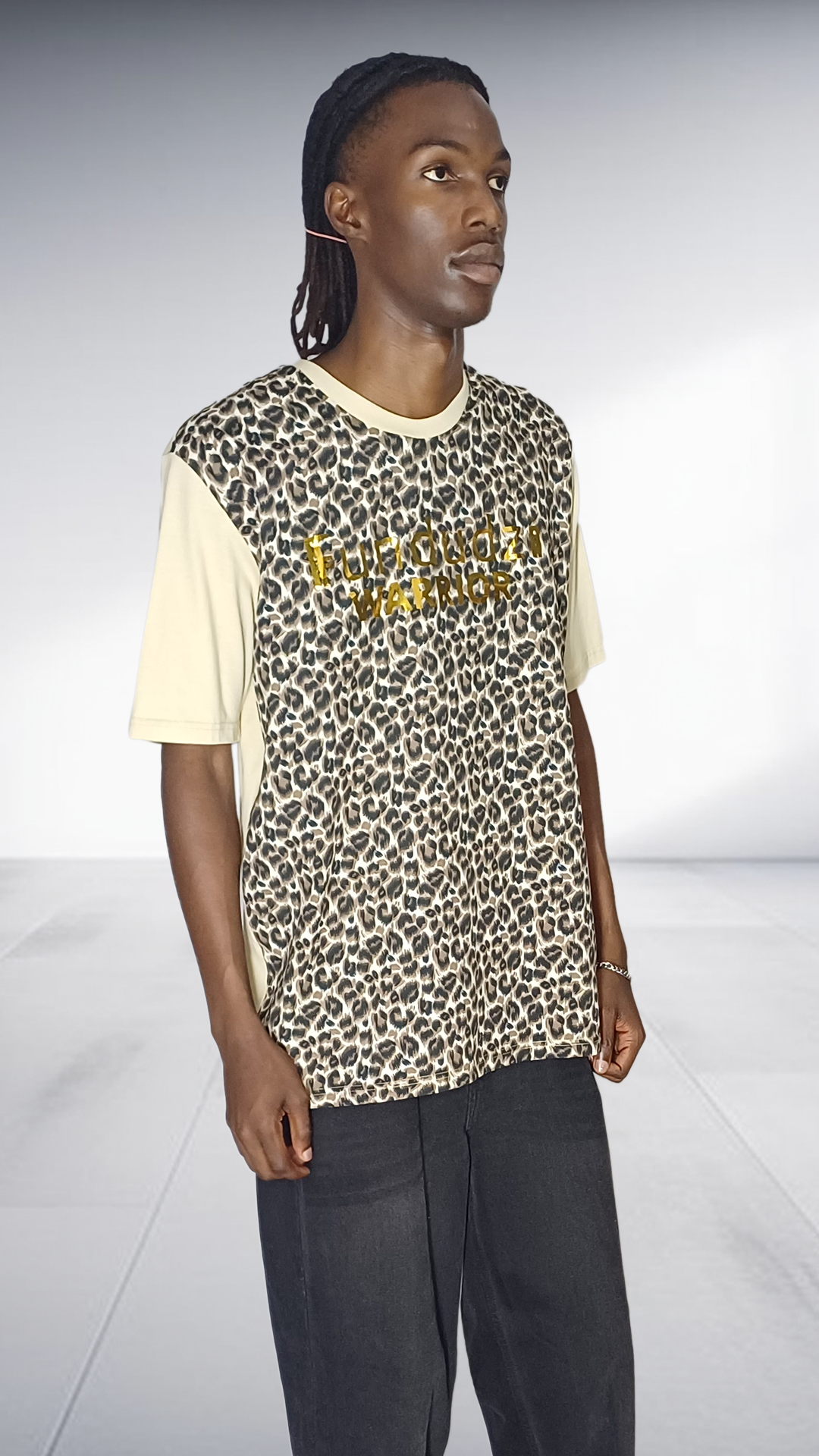 Fundundzi Leopard Print T-Shirt with Metallic Gold Text - Beige & Cream