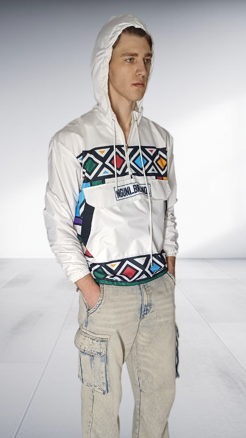 NguniBrand White Ndebele Print Windbreaker