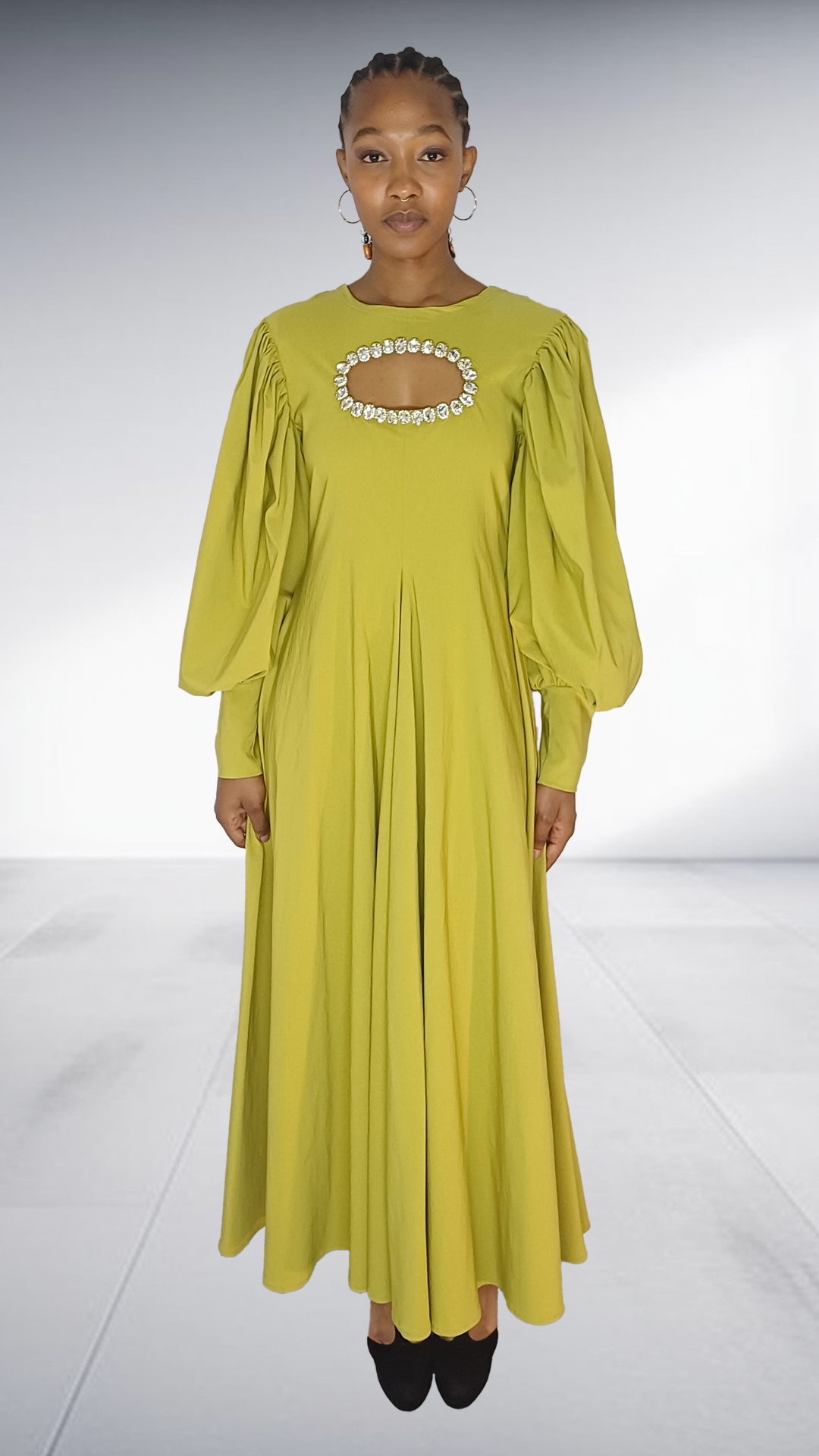 Agape Chartreuse Embellished Cutout Maxi Dress