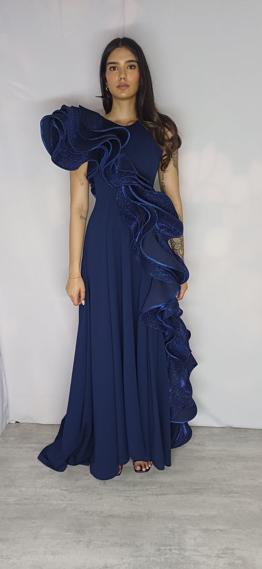 Navy Blue Ruffled Evening Gown