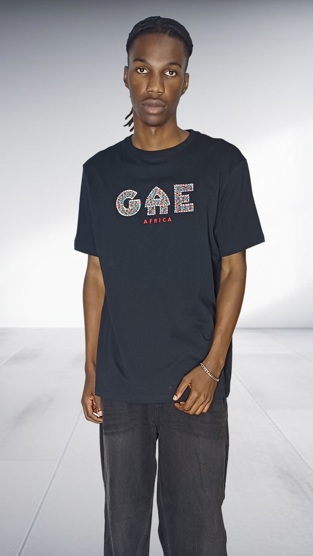 GAE Africa Logo T-Shirt - Black with Embroided African Print