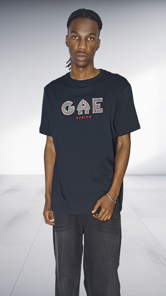 GAE Africa Logo T-Shirt - Black with Embroided African Print