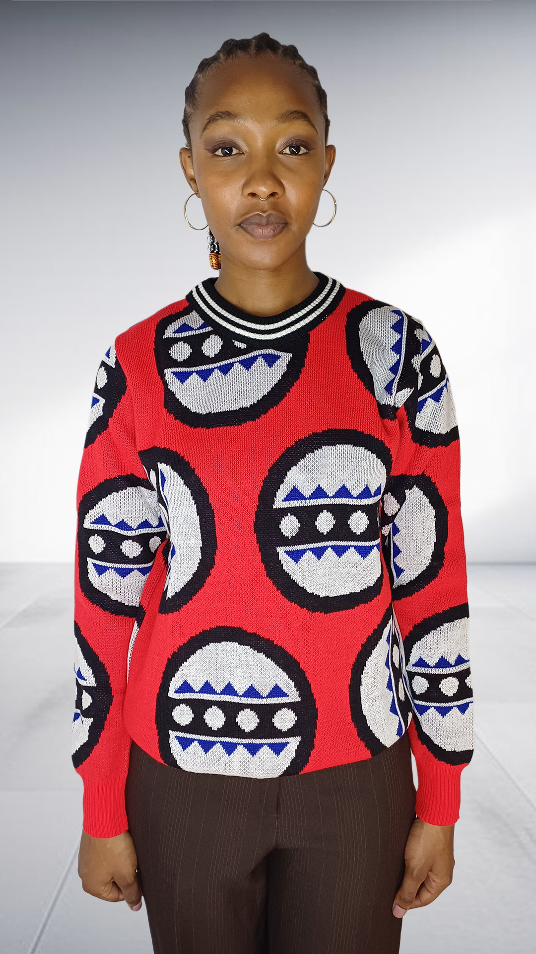 Isiqhaza Red African Mask Motif Knit Sweater