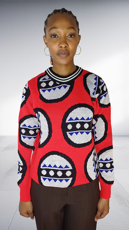 Red African Mask Motif Knit Sweater