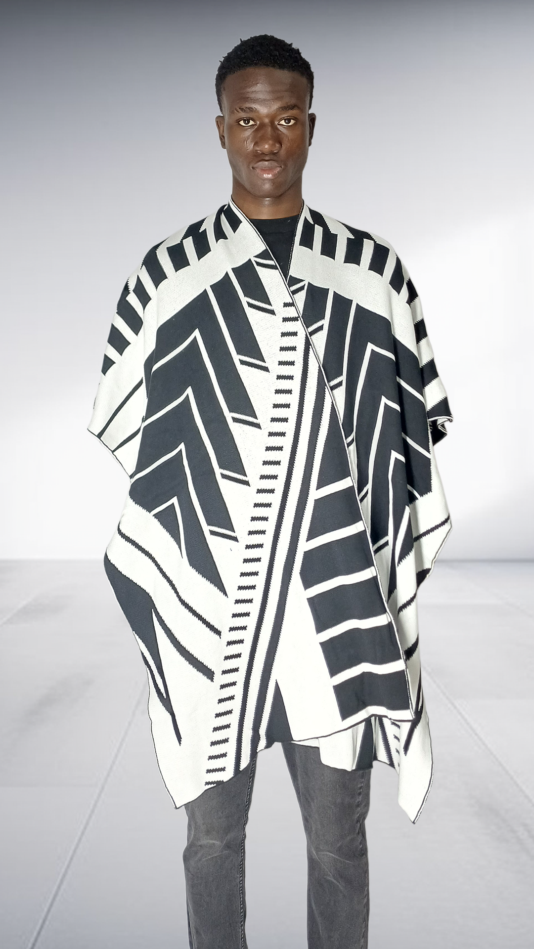Zeitgeist Chevron Pattern Poncho - Black & White
