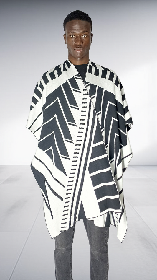 Zeitgeist Chevron Pattern Poncho - Black & White