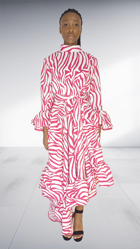Pink & White Zebra Print Ruffle Maxi Dress